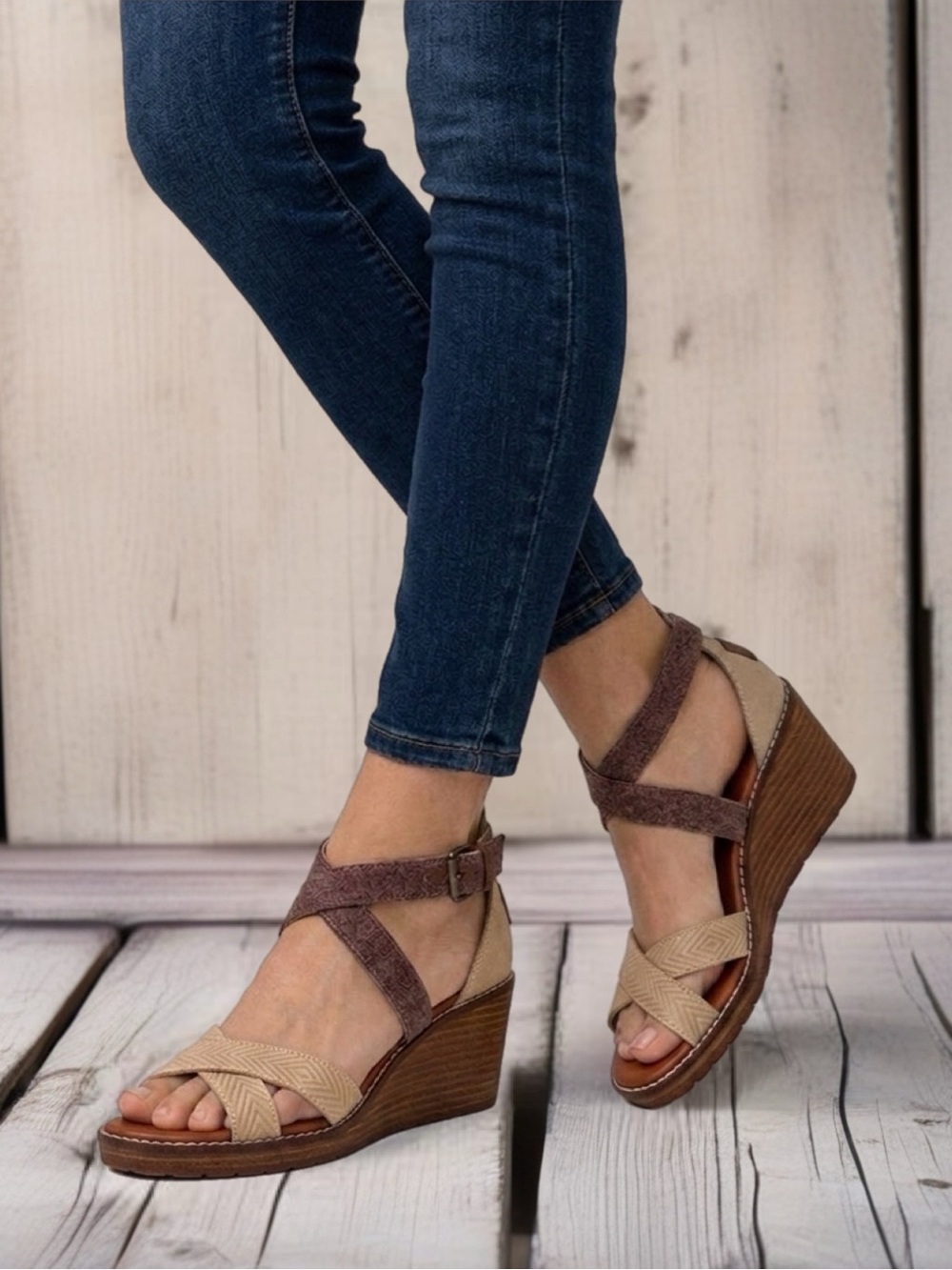 Pendleton Tan and Brown Crisscross Wedge Sandals
